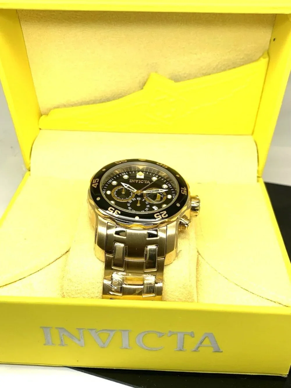 Invicta Men's Watch 0072 Pro Diver Black Dial Quartz Chronograph Gold Steel 48mm